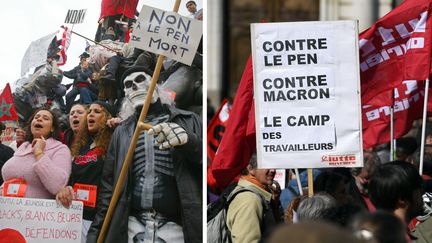 Les défilés du 1er-Mai en 2002 à Paris (gauche) et 2017 à Rennes (droite). (JOEL ROBINE / DAMIEN MEYER / AFP)