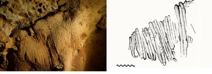 Panneau triangulaire. Singulier par sa structuration et l'application avec laquelle il a été réalisé, ce qui semble démontrer une évidente intentionnalité de la part de son auteur. (J.-C MARQUET / M. CALLIGARO / H. LOMBARD)