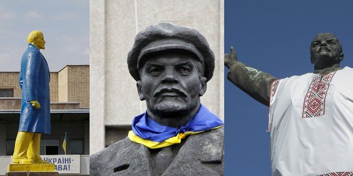 Lénine repeint en jaune et bleu à Donetsk, accessoirisé à Slaviansk, en chemise traditionnelle à Zaporojié... (Reuters / Gleb Garanich ; Valentyn Ogirenko ; Stringer)