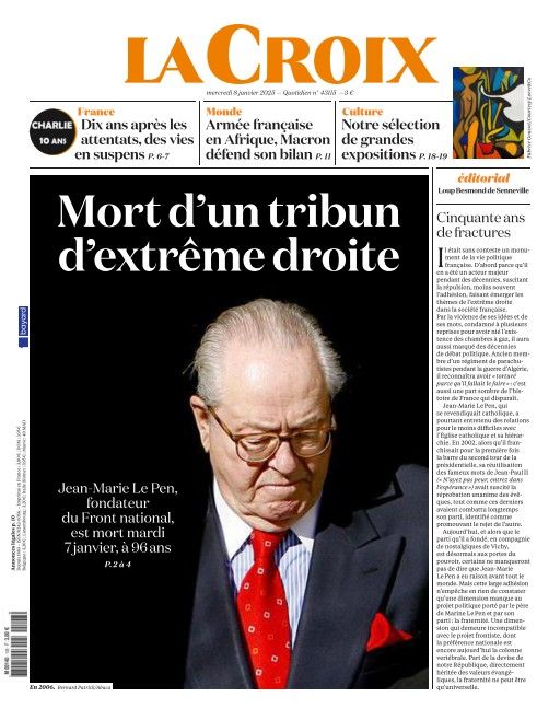 Le journal La Croix titre "Mort d'un tribun d'extrême droite", mercredi 8 janvier 2025. (LA CROIX)