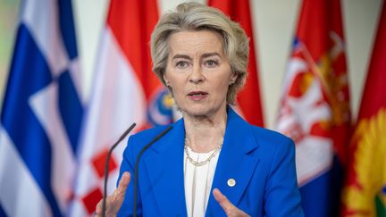 La présidente de la Commission européenne Ursula von der Leyen lors d'une rencontre avec les pays des Balkans occidentaux, à Berlin (Allemagne) le 14 octobre 2024 (MICHAEL KAPPELER / DPA)