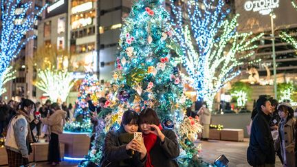 Des Japonais se prennent en photo devant un sapin de Noël dans le quartier d'Hibiya à Tokyo, le 24 décembre 2024.(Photo d'illustration) (PHILIP FONG / AFP)