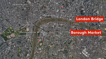 Une carte des lieux où la camionnette a fauché des piétons et où les assaillants ont poignardé des passants&nbsp;à Londres (Royaume-Uni), dans la nuit du 3 au 4 juin 2017. (FRANCEINFO)