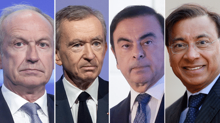 Les PDG Jean-Paul Agon (L'Oréal), Bernard Arnault (LVMH), Carlos Ghosn (Renault) et Lakshmi Mittal (ArcelorMittal). (MAXPPP)