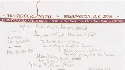 Le manuscrit de "Like A Rolling Stone" de Bob Dylan, mis aux ench&egrave;res par Sotheby's en juin.&nbsp; (SOTHEBY'S / NEW YORK TIMES)