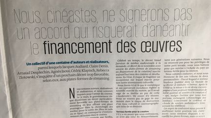 Tribune intitulée "Nous cinéastes ne signerons pas un accord qui risquerait d'anéantir le financement des oeuvres" parue dans le quotidien "Le Monde" daté du 12 mars 2021.&nbsp; (LE MONDE)