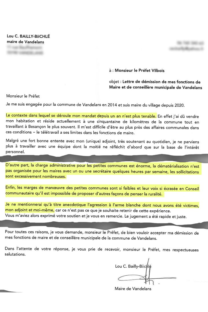 Extraits de la lettre de démission de la maire Cécile-Lou Bailly-Biichlé adressée au préfet. (RADIO FRANCE)