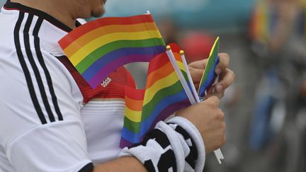 Drapeau arc-en-ciel, le symbole LGBT+, lors d'un match de foot, le 23 juin 2021. (FRANK HOERMANN/SVEN SIMON / SVEN SIMON)