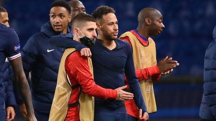 Le N.10 du PSG, Neymar, lors de la qualification pour les demi-finales de la Ligue des champions, le 13 avril 2021. (FRANCK FIFE / AFP)