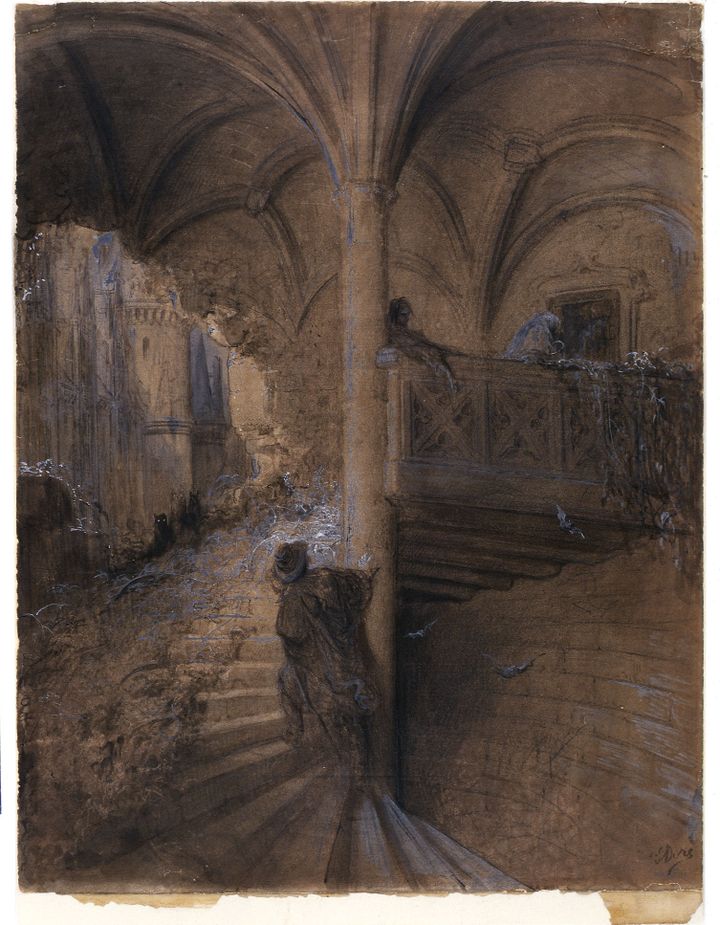 Gustave Doré, "Le château enchanté", dessin préparatoire à La  Belle au bois dormant illustré vers 1867-69, Strasbourg, Musée d'art moderne et contemporain de Strasbourg 
 (photo Musée de Strasbourg)