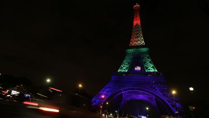 La tour Eiffel (Paris) aux couleurs de l'arc-en-ciel, le 13 juin 2016. (THOMAS SAMSON / AFP)