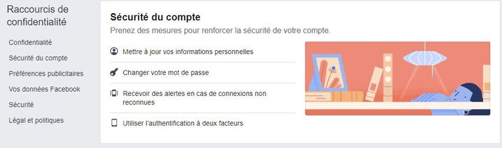 Le menu "sécurité du compte" de la rubrique "Confidentialité" des paramètres de Facebook. (FACEBOOK)