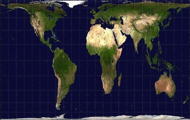 la projection Peters. Contrairement à la projection Mercator, elle n'agrandit pas les régions éloignées de l'équateur. (Wikimedia Commons)