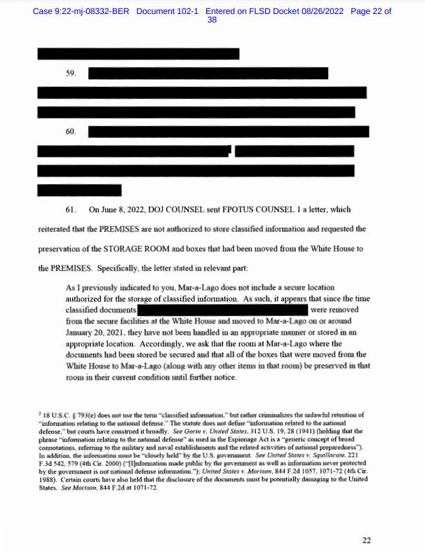 Une page censurée du mandat concernant la perquisition du domicile de Donald Trump, publiée le 26 août 2022. (DISTRICT COURT/S.D FLORIDA)