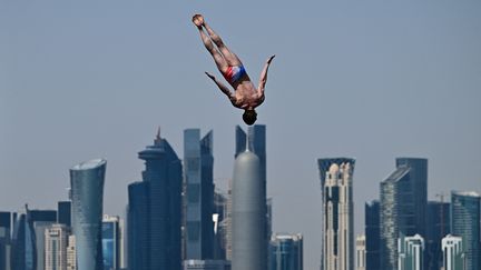 Le Français Gary Hunt lors de l'épreuve de plongeon des championnats du monde de natation, à Doha (Qatar), le 15 février 2024. (MANAN VATSYAYANA / AFP)