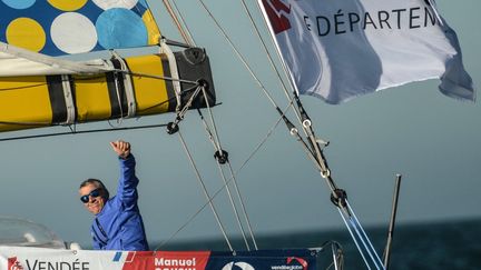 Le skipper Manuel Cousin (Groupe Sétin) est arrivé 23e du Vendée Globe après 103 jours de course.  (JEAN-FRANCOIS MONIER / AFP)