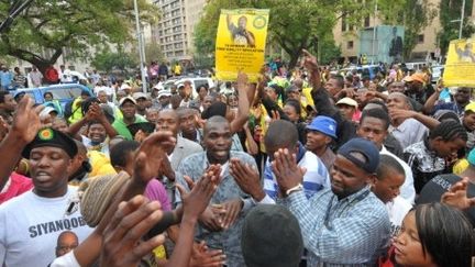 Les jeunes de l'ANC demandent, le 27 octobre 2011 à Johannesburg, "la liberté économique" qui, selon leur leader controversé Julius Malema, passe notamment par la nationalisation des mines ou la saisie des fermes exploitées par les Blancs. (AFP PHOTO / ALEXANDER JOE)