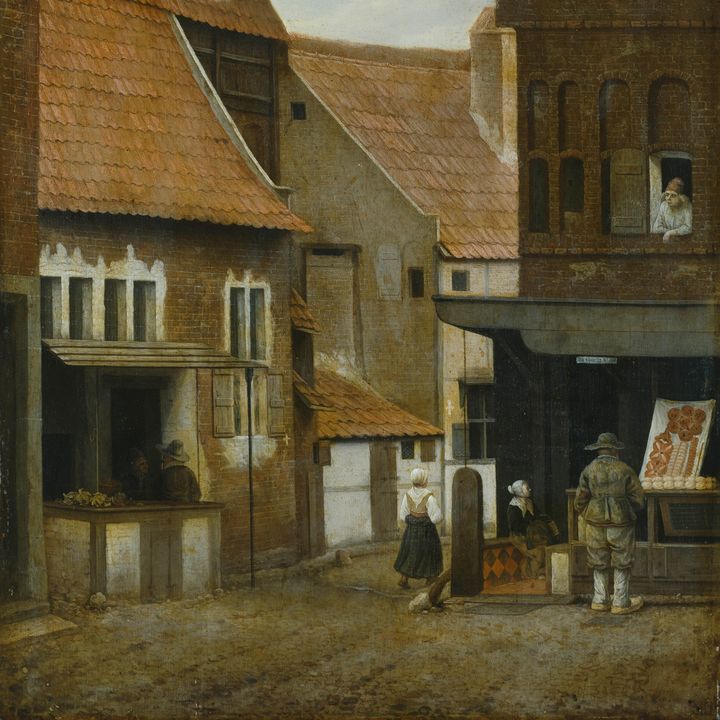 Jacobus Vrel, Scène de rue avec une boulangerie près d’un rempart. (HAMBURGER KUNSTHALLE)