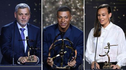 Bruno Genesio, Kylian Mbappé et Christiane Endler, lors de la remise des trophées UNFP, le 15 mai à Paris. (AFP)