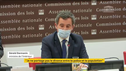 Le ministre de l'Intérieur Gérald Darmanin auditionné devant la commission des lois de l'Assemblée nationale, à Paris, le 30 novembre 2020. (FRANCE TELEVISIONS)