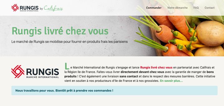 Une capture d'écran du site internet de livraison du marché de Rungis,&nbsp;"rungislivrechezvous.fr". (CAPTURE ECRAN)