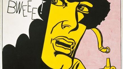 Les deux plus grandes figures du pop art sont représentées dans l'exposition. Roy Lichtenstein (1923-1997), fasciné par la force de la publicité, représente en grand et en noir et blanc des objets de la vie courante comme un pneu. Inspiré aussi par la bande dessinée, il utilise les points benday de l'imprimerie pour composer ses figures. Une pièce entière est consacrée à Andy Warhol (1928-1987), avec une petite dizaine de ses sérigraphies, images multiples de Jackie Kennedy, Marlon Brando ou Elizabeth Taylor (les célébrités le fascinent), de criminels ou de boites de thon. Ici, Roy Lichtenstein, "Live Ammo (Tzing !), 1962 (The Doris and Donald Fisher collection at the San Francisco Museum of Art)
 (Estate of Roy Lichtenstein New York / ADAGP, Paris, 2015 © SFMOMA)