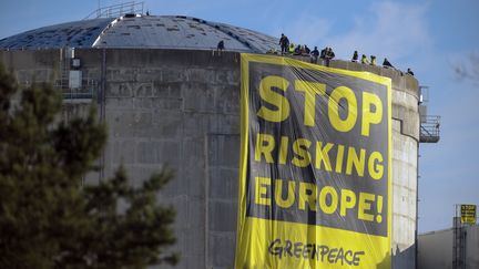 Des militants &eacute;cologistes de Greenpeace sur le toit d'un des r&eacute;acteurs de la centrale nucl&eacute;aire de Fessenheim (Haut-Rhin), le 18 mars 2014. (SEBASTIEN BOZON / AFP)