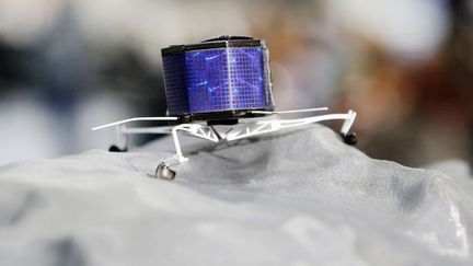 Une maquette du robot Philae pos&eacute; sur Tchouri, expos&eacute;e &agrave; l'Agence spatiale europ&eacute;enne, &agrave; Darmstadt (Allemagne), le 12 novembre 2014. (MICHAEL PROBST / SIPA / AP)