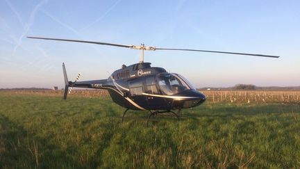 14 hélicoptères stationnent dans les vignes d'Indre-et-Loire, prêts à décoller pour réchauffer et assécher l'air. Un dispositif d'une ampleur jamais vue en France. (Denis Guey / Radio France)