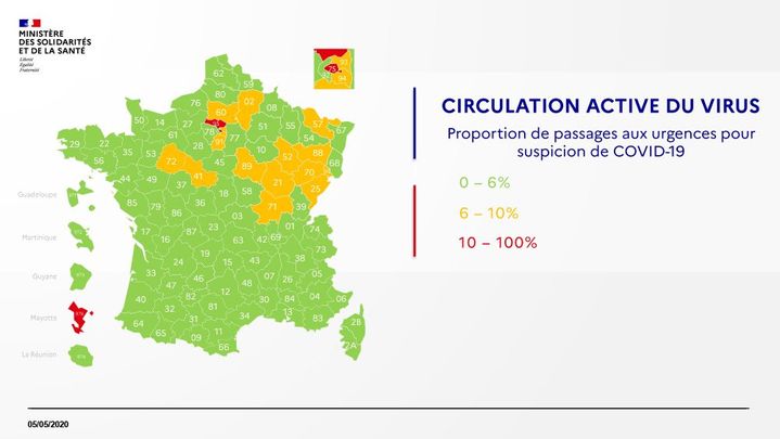 Carte de la circulation active du virus au 6 mai 2020. (DGS / FRANCEINFO)