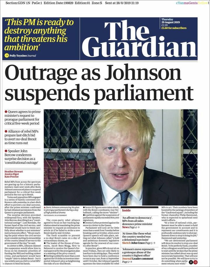 La une du Guardian, le 29 août 2019. (THE GUARDIAN)