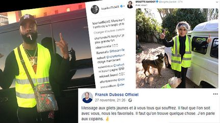 Plusieurs artistes se sont affichés sur les réseaux sociaux avec un gilet jaune où ont adressé un message. (CAPTURE ECRAN FACEBOOOK / TWITTER / INSTAGRAM)