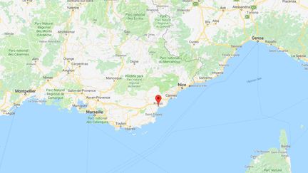 Capture d'écran de Google Maps pointant la ville de Fréjus (Var), près de laquelle un loup a été percuté sur l'autoroute A8, le 11 avril 2019. (GOOGLEMAPS)