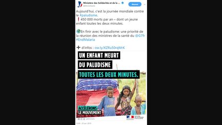 Une capture d'écran d'un tweet du ministère des Solidarités et de la Santé publié le 25 avril 2019, et retiré le 2 mai, car son message "prêtait à confusion". (MINSOLISANTE / TWITTER)