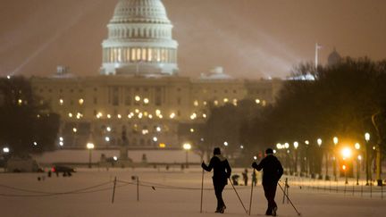 Des visiteurs parcourent le National Mall &agrave; Washington (Etats-Unis) &agrave; ski, le 21 janvier 2014. (MAXPPP)