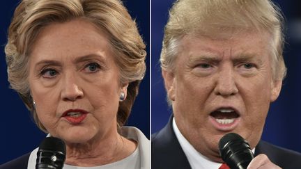 Hillary Clinton et Donald Trump, candidats à la Maison Blanche, lors du deuxième débat présidentiel à Saint-Louis (Etats-Unis), le 9 octobre 2016. (PAUL J. RICHARDS / AFP)