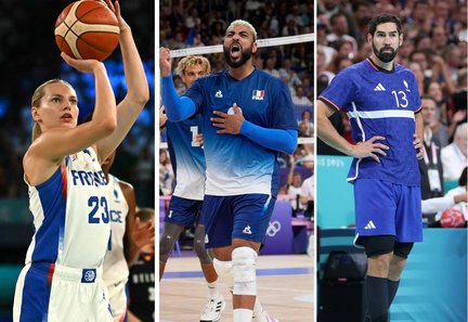 Marine Johannès avec l'équipe de France de basket, Earvin Ngapeth au volleyball et Nikola Karabatic au handball. (AFP)