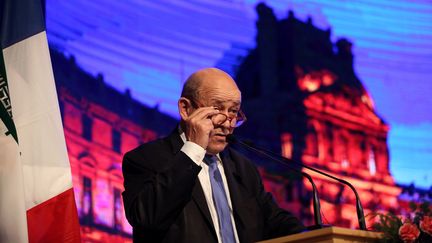 Le ministre des Affaires étrangères&nbsp;Jean-Yves Le Drian, lors d'un discours à Téhéran (Iran), le 5 mars 2018. (FATEMEH BAHRAMI / AFP)