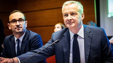 Le ministre des Comptes publics Thomas Cazenave et le ministre de l'Economie Bruno Le Maire à l'Assemblée nationale à Paris le 9 septembre 2024. (AMAURY CORNU / HANS LUCAS / AFP)