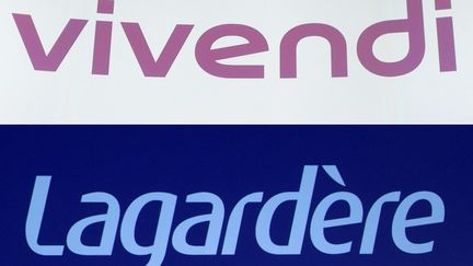 Les logos de Vivendi et Lagardère, le 9 juin 2023. (ERIC PIERMONT / AFP)