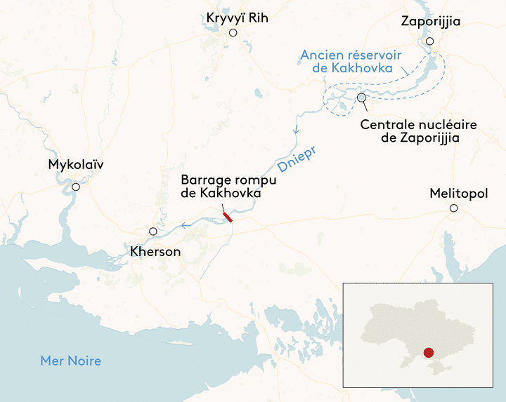 Carte de localisation du barrage détruit de Kakhovka, dans le sud de l'Ukraine.  (HÉLOISE KROB / FRANCEINFO)