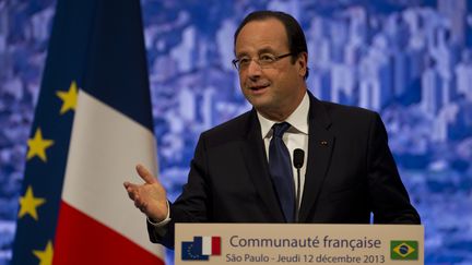 A Sao Paulo (Br&eacute;sil), Fran&ccedil;ois Hollande a annonc&eacute;, le 12 d&eacute;cembre 2013, qu'il souhaitait la cr&eacute;ation d'un fonds europ&eacute;en pour mener des op&eacute;rations dans des pays en crise, comme en Centrafrique. (NELSON ALMEIDA / AFP)