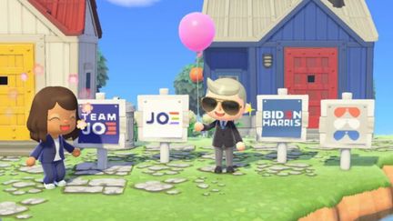 Les joueurs du jeu vidéo "Animal Crossing" peuvent maintenant mettre dans leur jardin virtuel&nbsp;une pancarte en soutien au candidat démocrate Joe Biden (capture écran). (TWITTER / NINTENDO)