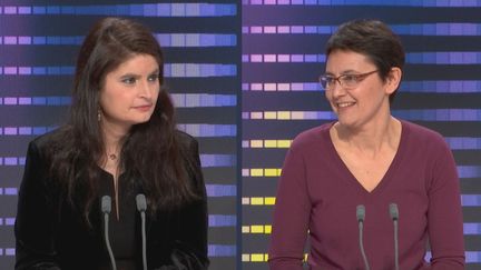 La candidate du Parti animaliste Hélène Thouy et la candidate Lutte ouvrière Nathalie Arthaud&nbsp;étaient les invitées du 8h30 franceinfo, samedi 12 février 2022. (FRANCEINFO / RADIOFRANCE)