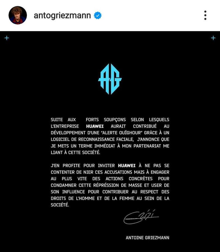 Antoine Griezmann annonce qu'il rompt son contrat avec Huawei, le 10 décembre 2020. (INSTAGRAM)