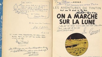 Pages d'ouverture dédicacées de "On a marché sur la Lune" d''Hergé
 (EFE/Newscom/MaxPPP)