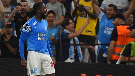 Le milieu de terrain brésilien de l'OM, Gerson, buteur face à Strasbourg lors de la 38e journée de Ligue 1, le 21 mai 2022. (SYLVAIN THOMAS / AFP)