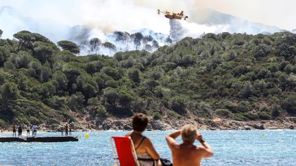 Deux femmes regardent depuis la plage un Canadair larguer de l'eau au-dessus de l'incendie de La Croix-Valmer (Var), le 25 juillet 2017. (VALERY HACHE / AFP)