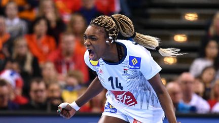 La Française&nbsp;Kalidiatou Niakate pendant la finale du Mondial de handball contre la Norvège, le 17 décembre 2017, à Hambourg (Allemagne). (PATRIK STOLLARZ / AFP)