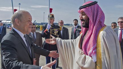 Le prince héritier d'Arabie saoudite accueilli le 8 avril en France par le ministre des Affaires étrangères, Jean-Yves Le Drian. (BANDAR AL-JALOUD / AFP)